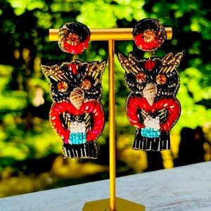 Beaded Red Owl Statement Earrings
